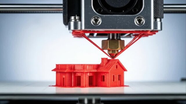 Three dimensional printer constructing a miniature house model on a white surface