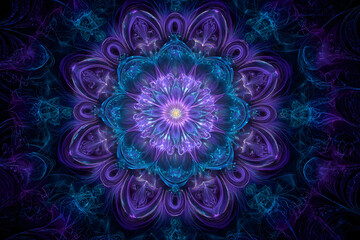 Glowing neon fractal mandala with intricate symmetry