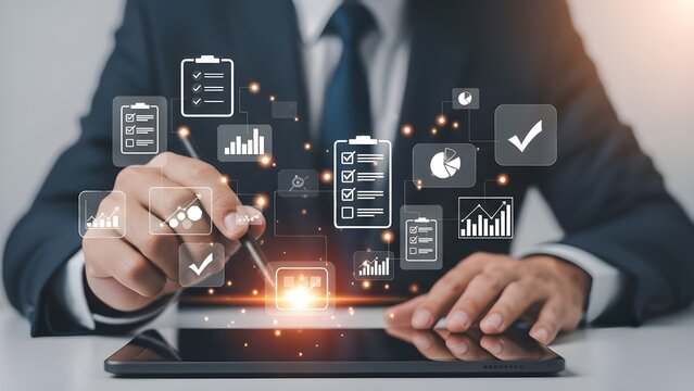 Businessman interacting with digital interface for task management