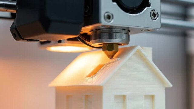 Three dimensional printer creating small house model indoors