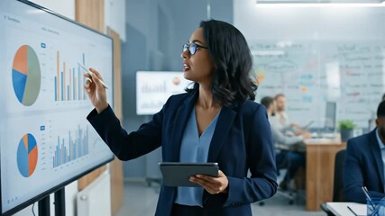 Professional woman presents data analysis to a diverse business team during a corporate meeting. - Powered by Adobe
