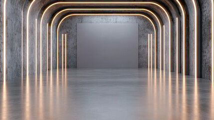 Minimalist concrete tunnel with curved neon light arches and reflective floor, futuristic calm
