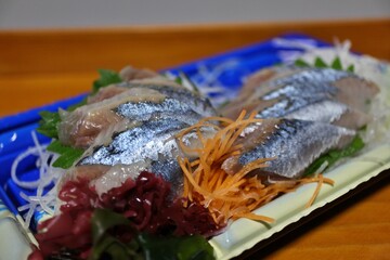 Sanma (pacific saury) sashimi purchased at a supermarket in Tokyo, Japan
