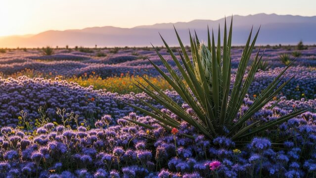 Desert landscape with blooming wildflowers at sunset a scenic vista of purple flowers ideal for travel and nature photography