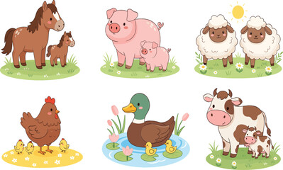 Obraz premium Large Collection of Cute Cartoon Farm Animals and Their Babies, Including Horse, Pig, Cow, Sheep, Chicken, and Duck, Ideal for Children's Books and Education.