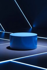 Blue podium with glowing neon lines futuristic stage display