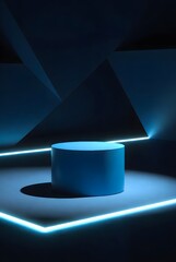 Futuristic blue cylinder podium with neon light lines display