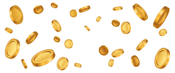 Plakat Vector gold coins fall from the sky. PNG money, png coins. Explosion of coins on isolated transparent background. Easy Money. Vector 10 eps.
