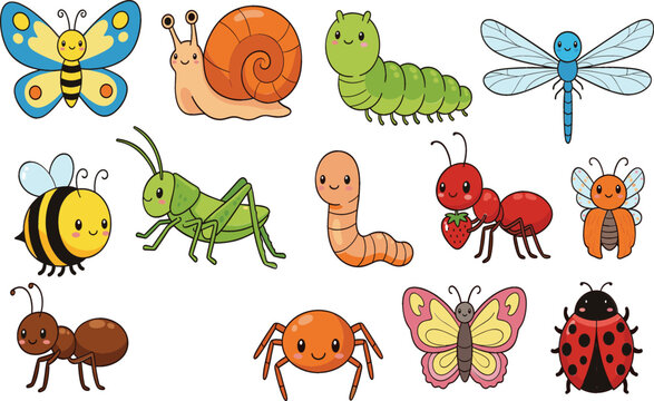 Large Collection of Adorable, Cute Cartoon Bugs and Insects Including Ladybugs, Butterflies, Snails, and Bees, Perfect for Children's Education and Nature-Themed Designs
