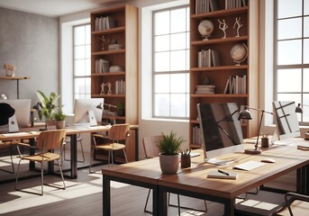 Fototapeta premium Bright modern office interior with wooden desks and computers