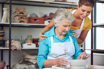 Woman, pottery and senior mom with clay, learn and skills for bowl creation and bonding in workshop. Happy, daughter and elderly parent with creative hobby, teaching and lesson with handmade art