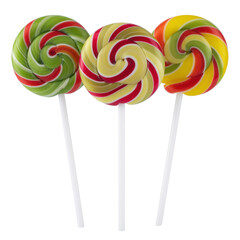 Assorted Colorful Spiral Lollipops with Green Red and Yellow Swirls on White Sticks