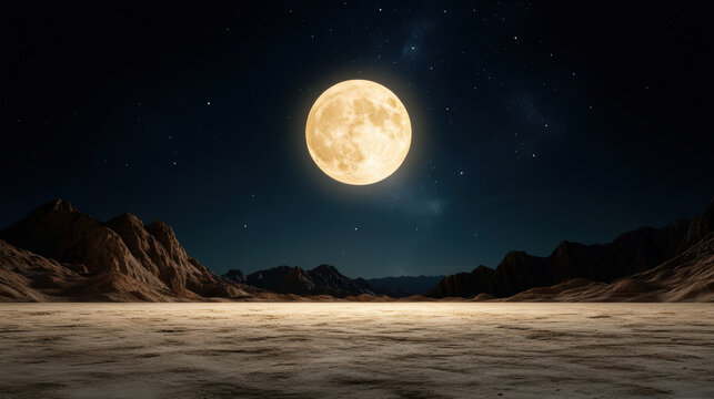 Full moon over desert plain with rocky mountains under starry night sky, serene glow
