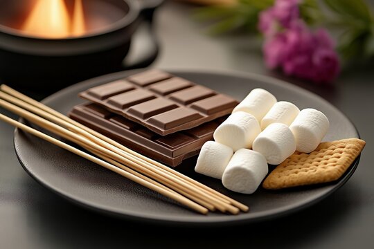 AI-generated dessert plate with all the fixings for 'smores: chocolate, marshmallows, crackers, skewers, and in the background a small flame