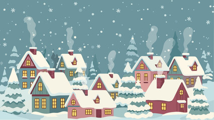 Pastel Cozy Christmas Village Illustration with Snowy Houses and Glowing Windows