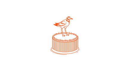 Minimalist orange line art illustration of a bird perched on a festive cake with a plain white background