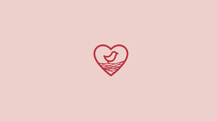 Minimalist red line art illustration of a heart containing a small bird in a nest, symbolizing love, care, sanctuary, and home on a soft pink background.
