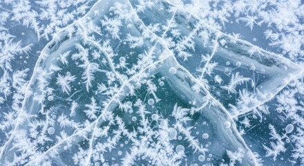 Nature's artistry detailed frost formations on cracked ice