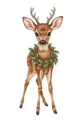 Fototapeta premium cute baby reindeer fawn with soft brown fur, wearing a detailed watercolor holly and red berry wreath, isolated on a stark white background with copy space. concept of the christmas holiday atmosphere