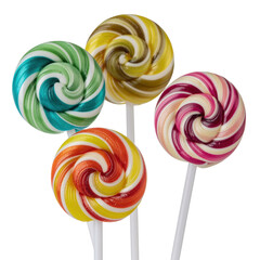 Vibrant Collection of Four Colorful Spiral Lollipops on Transparent Background