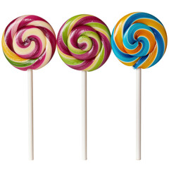 Three Colorful Swirl Lollipops on Sticks Against Transparent Background