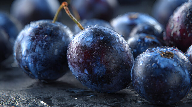 Fresh, ripe blueberries glistening with water droplets, a close-up macro shot of nature's vibrant bounty. - Powered by Adobe