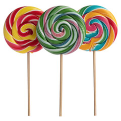 Three Colorful Spiral Lollipops on Sticks Against a Transparent Background