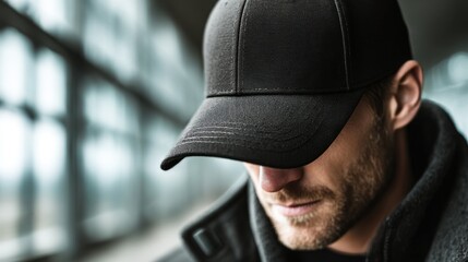 Man in black cap standing indoors, focused and contemplative in modern setting