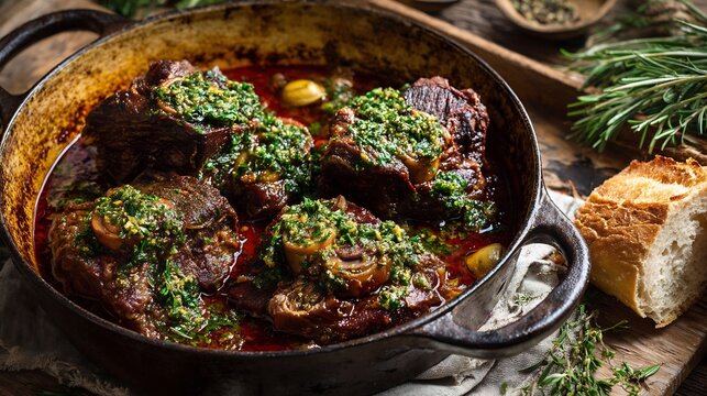 Slow cooked Italian ossobuco served a rustic cast iron pan with gremolata garnish styled on a farmhouse table with bread and herbs