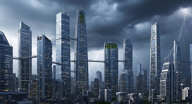 Futuristic Megalopolis Skyline Under a Dramatic Stormy Sky.