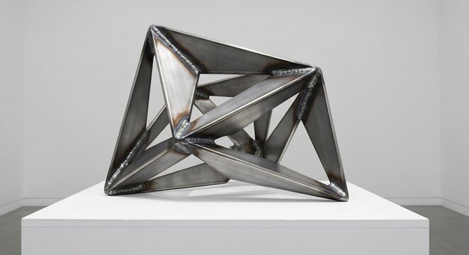 Metal sculpture composed of welded triangular frames rests on a white pedestal against a neutral background