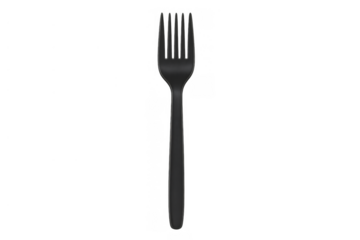 Black plastic disposable fork isolated on transparent background for food service and catering