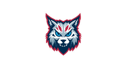 Stylized aggressive wolf or wildcat head mascot with sharp teeth and glowing blue eyes, vector illustration for esports teams.