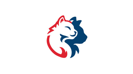 Modern graphic illustration of a stylized fox or wolf head in red and white with a dark blue silhouette or shadow