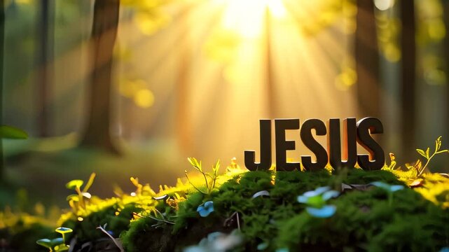 Moss covered rock with the word jesus in the middle