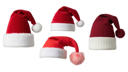 Assortment of festive santa claus hats in classic red and maroon with soft white trim, for holiday cheer. isolated on transparent background