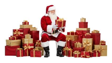 Santa claus holding a festive red gift box surrounded by piles of golden and red presents, embodying holiday joy. isolated on transparent background