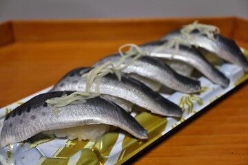 Vinegared sardine nigirizushi purchased at a supermarket in Tokyo, Japan