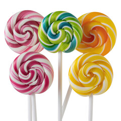 Collection of Colorful Swirl Lollipops on White Sticks with Transparent Background