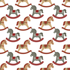 Vintage rocking horses in gray and beige with red saddles and green accents form a festive, nostalgic pattern, perfect for holiday themed designs and childhood memories.