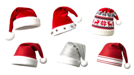 Collection of diverse festive santa hats, featuring classic red, knitted, silver glitter, and bell-adorned designs for holiday cheer. isolated on transparent background