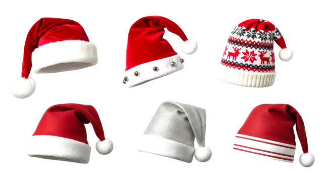 Collection of diverse festive santa hats, featuring classic red, knitted, silver glitter, and bell-adorned designs for holiday cheer. isolated on transparent background - Powered by Adobe