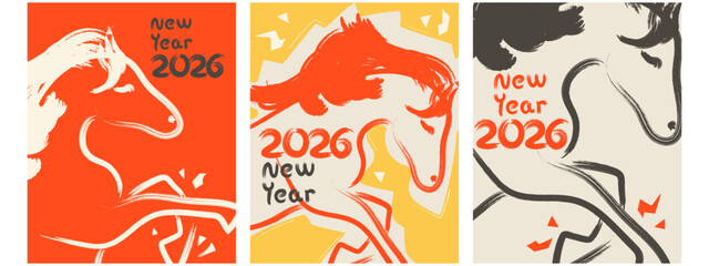 Chinese New Year 2026 poster cards set. Year of the Fire Horse. Flat vector illustration.