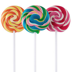 Three Vibrant Colorful Lollipops with Swirling Patterns on Sticks Against Transparent Background