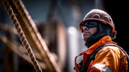Focused Operator: A determined operator wearing safety gear looks towards the future with resilience and grit, framed by industrial equipment and ropes, showcasing the world of industrious endeavor.