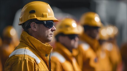 Industrial Team Ready for Duty: A line of industrial workers in protective gear stands focused, embodying dedication, precision and commitment in the demanding world. 