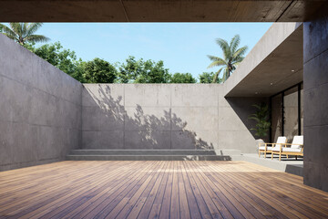 Modern loft style outdoor terrace with wooden deck and concrete walls 3D render , glass windows, and lush potted plant, blending modern architecture with natural tranquility.