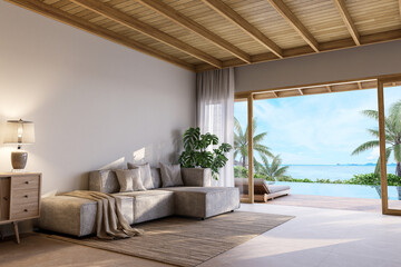3D render of a luxurious coastal living room with gray sectional sofa, infinity pool, and tropical ocean view, blending indoor comfort with outdoor elegance.