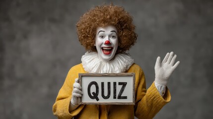 Quiztime Clown: A colorful and cheerful clown holds up a sign reading QUIZ. The clown radiates an inviting and playful energy, signaling the beginning of an entertaining game or test.