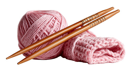 Pink yarn ball with wooden knitting needles, soft wool texture, close-up craft supplies, clean bright threads, ideal for sewing and knitting projects, isolated on transparent background